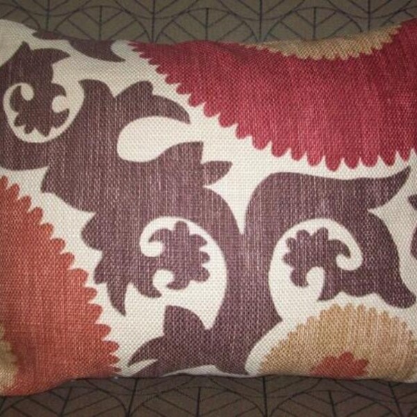 Decoratve Designer Lumbar Pillow Cover 14x18 - Suzani Pattern - Brick Red, Taupe and Brown  on a Textured Linen Background