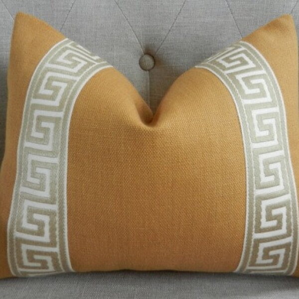 Decorative Designer Lumbar pillow cover - 12X16 - Solid Heavy Belgian linen fabric in a camel color with attached greek key trim