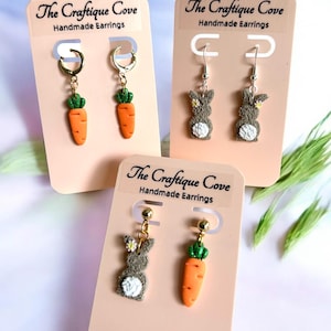 Bunny and Carrot Earrings, Handmade Polymer Clay Easter Earrings, Spring Jewelry, Easter Basket Gifts