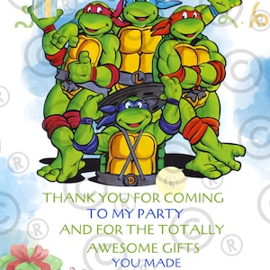 Tarjeta de agradecimiento Cowabunga inspirada en TMNT, nota de agradecimiento para el primer cumpleaños inspirada en TMNT, tarjeta de recuerdo de fiesta de tortugas editable e imprimible
