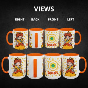 Pu&ograve; includere: Una tazza in ceramica bianca con un bordo e un manico arancioni. La tazza presenta un'immagine di cartone animato della principessa Daisy del franchise di Super Mario. La tazza ha un fiore giallo con un centro verde e la parola "Daisy" stampata sul davanti. La tazza &egrave; mostrata da diverse angolazioni.