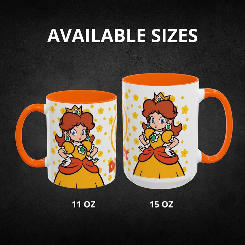Pu&ograve; includere: Due tazze da caff&egrave; in ceramica con bordi e manici arancioni. Le tazze presentano un'immagine di cartone animato della principessa Peach della serie di videogiochi Super Mario Bros. La tazza a sinistra &egrave; da 11 oz e la tazza a destra &egrave; da 15 oz. Dimensioni disponibili.