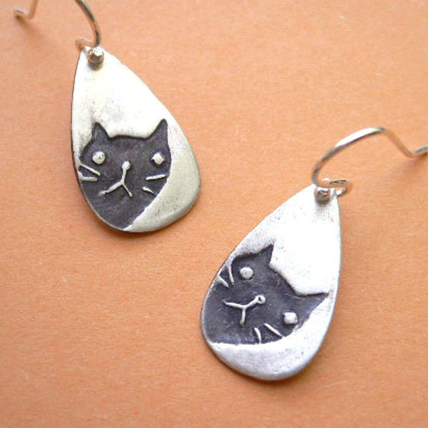 Peeking Cat Earrings - fine silver, lovely kitty jewelry