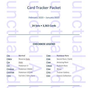 May include: A white card tracker packet for Pokémon TCG, Sword & Shield Era, covering February 2020 to January 2023. Includes a checkbox legend for card types and a table of contents. Features the text "24 Sets • 3,363 Cards".