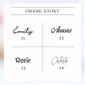 May include: A white background with the text "CHOOSE A FONT" above four font options: Emily, Aurora, Rosie, and Celeste. Each font is displayed in black script with a corresponding code: F1, F2, F3, and F4.