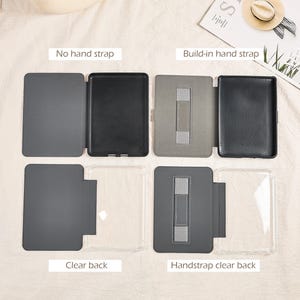 Pu&ograve; includere: Una collezione di custodie per e-reader in vari design. Le custodie sono mostrate aperte e chiuse, con e senza cinturino. Alcune custodie hanno il retro trasparente, altre sono a tinta unita. Le custodie sono in tonalit&agrave; di grigio e nero.