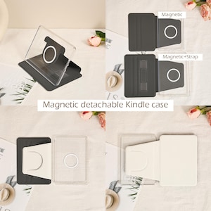 May include: A magnetic detachable Kindle case is shown in various configurations. The case is black and clear, with a magnetic feature and strap option. The text "Magnetic detachable Kindle case" is displayed.