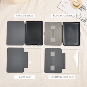 May include: A collection of e-reader cases in various designs. The cases are shown open and closed, with and without hand straps. Some cases have a clear back, while others are solid. The cases are in shades of gray and black.