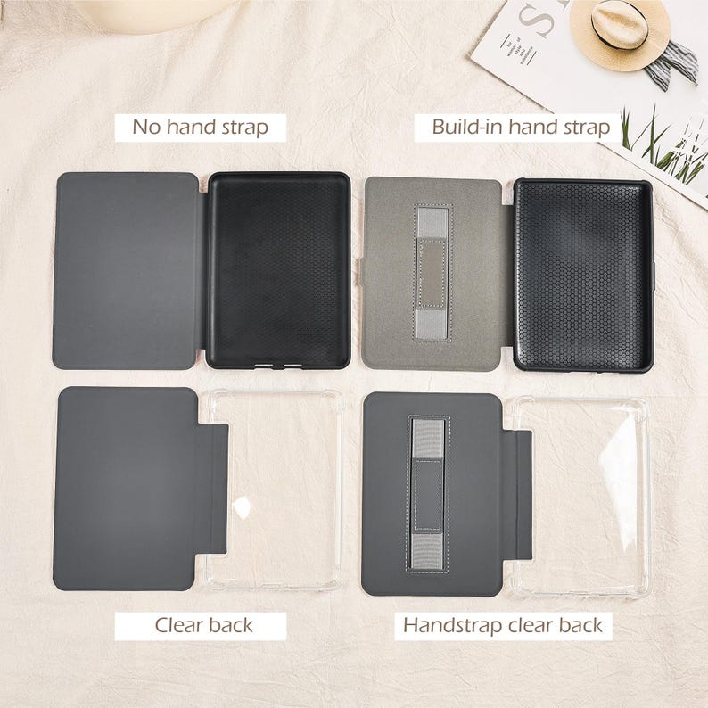 May include: A collection of e-reader cases in various designs. The cases are shown open and closed, with and without hand straps. Some cases have a clear back, while others are solid. The cases are in shades of gray and black.