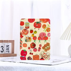 Cute Cartoon Tomato iPad Case with Pencil Holder for 2025 Air 6 Air 4/5 iPad 11th 10th 10.9" 7/8/9 10.2" Pro 11" 12.9" 13" iPad Mini 6/7