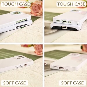 May include: A composite image showing two types of phone cases. The top section displays two white tough cases with side buttons and bottom charging ports. The bottom section displays two white soft cases with side buttons and bottom speaker cutouts.
