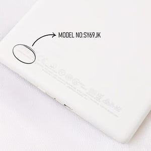 May include: A close-up of a white electronic device with rounded corners. The text "MODEL NO: SY69JK" is printed on the device. Additional text and symbols are also visible.