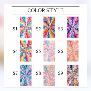 May include: A color style chart featuring nine rectangular panels labeled S1 through S9. Each panel displays a unique radial wave pattern with various color combinations and small star icons radiating from the center of each design.
