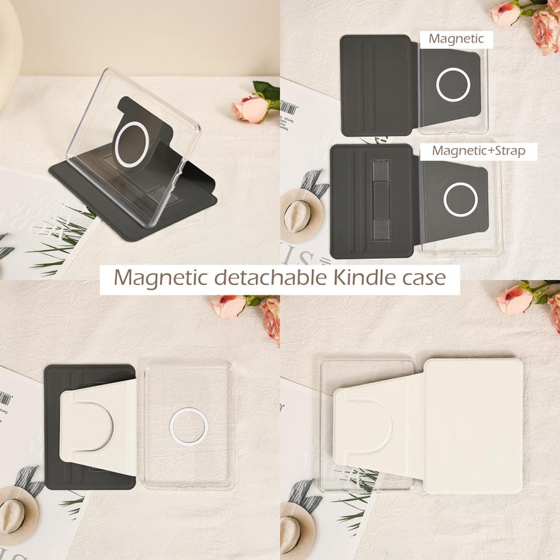 Pu&ograve; includere: Vengono mostrate diverse configurazioni di una custodia Kindle magnetica staccabile. La custodia &egrave; nera e trasparente, con una funzione magnetica e l'opzione cinturino. Il testo "Magnetic detachable Kindle case" &egrave; visualizzato.
