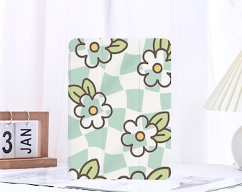 Checkerboard Flower iPad Case with Pencil Holder for iPad 11/10/9 Gen iPad Air 6/5/4 13" 11" 10.9" 10.5" iPad Pro 12.9" iPad Mini 6/7 Cover