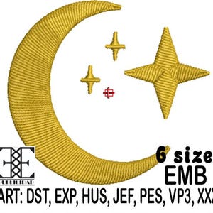 Puede incluir: Diseño bordado en oro con una luna creciente, dos pequeñas cruces y una estrella de cuatro puntas. El diseño incluye el texto "6 sizes EMB" y "ART: DST, EXP, HUS, JEF, PES, VP3, XXX".