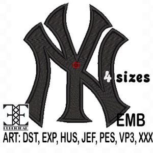 Puede incluir: Logotipo bordado en negro con las letras entrelazadas "NY" y un acento rojo. La imagen incluye el texto "4 tamaños" y abreviaturas de formato de archivo. Un logotipo de "PUBLICIDAD" está en la esquina inferior izquierda.