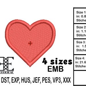 Puede incluir: Diseño de bordado de corazón rojo en cuatro tamaños: 0,80 x 0,70 pulgadas, 1,18 x 1,10 pulgadas, 1,57 x 1,41 pulgadas y 21,65 x 19,68 pulgadas. El diseño está disponible en los siguientes formatos: DST, EXP, HUS, JEF, PES, VP3 y XXX.