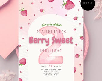 Invitación de fresa para segundo cumpleaños / Acuarela rosa / Plantilla editable (Descarga digital)