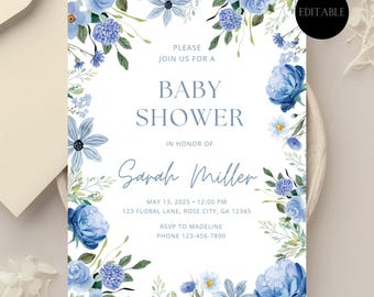 May include: A baby shower invitation with a floral design. The invitation features blue watercolor flowers and greenery around the edges. The text reads "Baby Shower" and includes details for Sarah Miller's shower, including the date, time, and location. The word "Editable" is in a black circle.