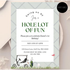 Hole Lot of Fun 1st Birthday Invitation | Hole in One First Birthday Invite | Golf Editable Template | Plaid Invite | Golf Cart