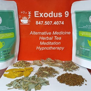 May include: Two white pouches of herbal tea with green labels and a variety of dried herbs. The labels read "Better Liver Function" and "Active Herbs." An orange background displays the text "Exodus 9" and contact information.