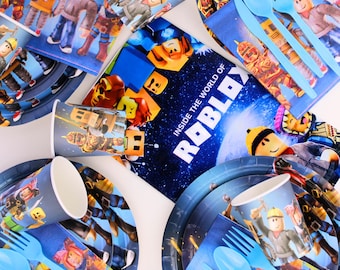 Blue Roblox Inspired Party Tableware Set – 31pcs Cups, Plates & Tablecloth | Kids Gaming Birthday Decorations