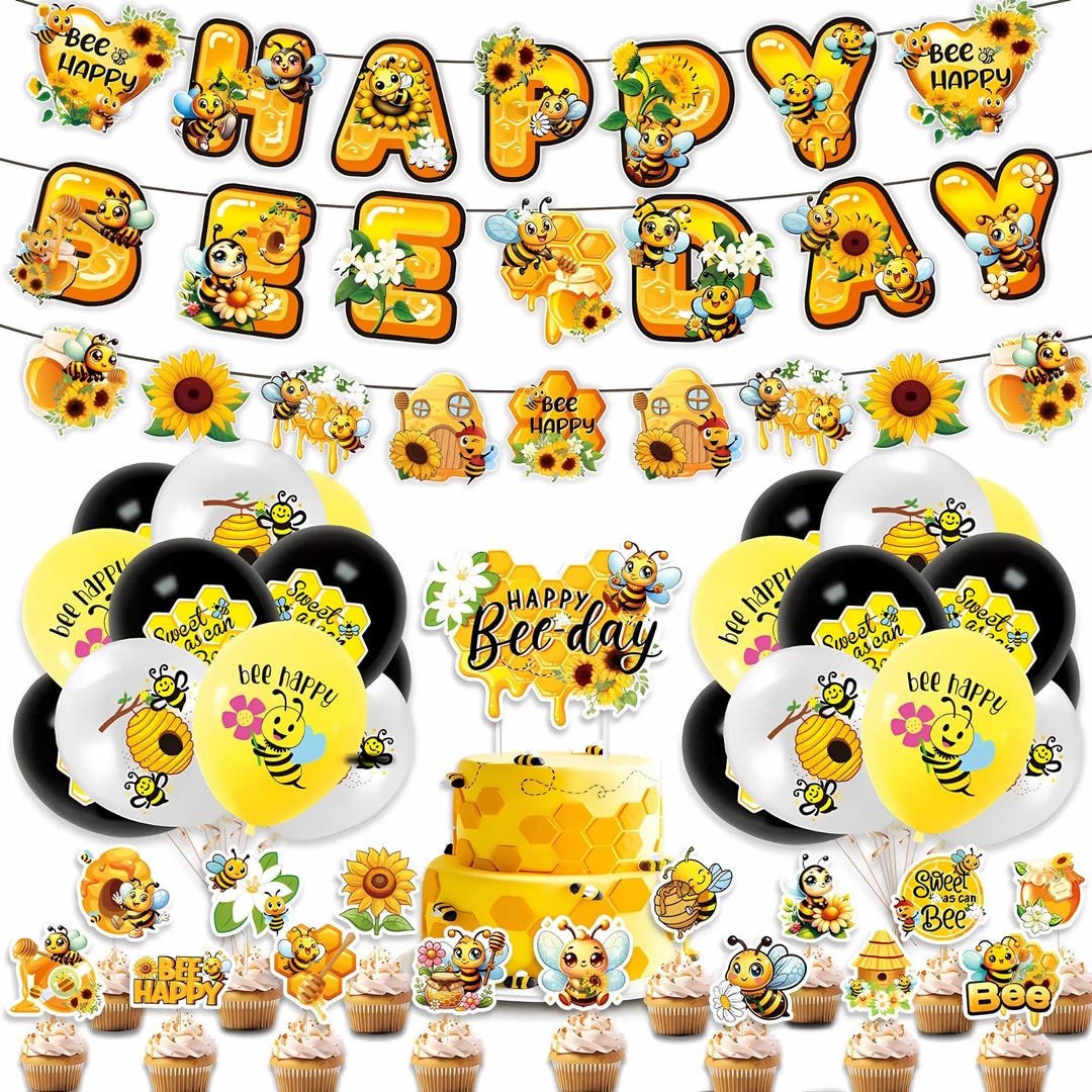 Bee Birthday Party Decorations Set | Happy Bee-day Banner, Balloons ...