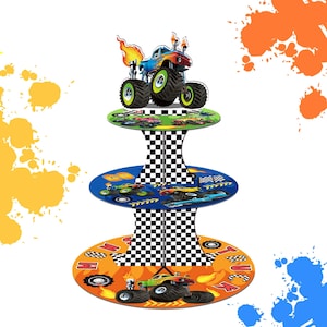 Monster Truck Cupcake Stand 3-Tier – Racing Birthday Cupcake Display Tower Kids Table Decor
