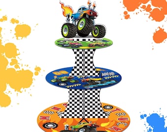 Monster Truck Cupcake Stand 3-Tier – Racing Birthday Cupcake Display Tower Kids Table Decor