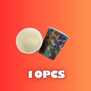 May include: Two paper cups, one empty and one with a colorful cartoon design. The cup with the design features characters in various outfits. The text "10 PCS" is at the bottom of the image.