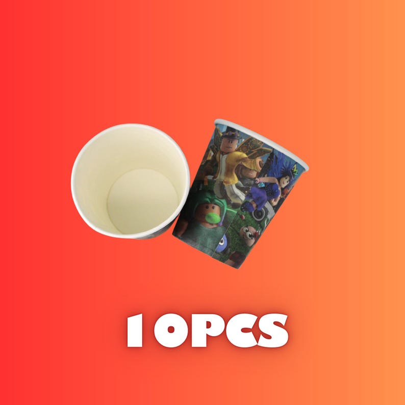 May include: Two paper cups, one empty and one with a colorful cartoon design. The cup with the design features characters in various outfits. The text "10 PCS" is at the bottom of the image.