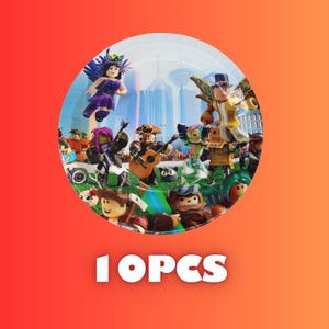 May include: A round paper plate featuring a colorful illustration of various cartoon characters in a city setting. The plate has a red and orange gradient background and the text "10 PCS" in white.