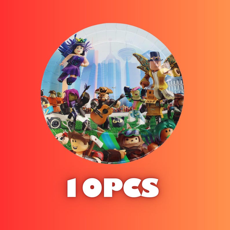 May include: A round paper plate featuring a colorful illustration of various cartoon characters in a city setting. The plate has a red and orange gradient background and the text "10 PCS" in white.