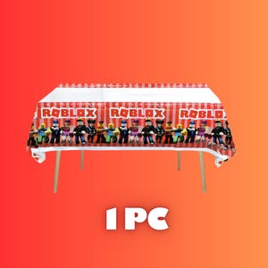 May include: A rectangular red and white striped tablecloth with the word "ROBLOX" printed across the top. The tablecloth features cartoon characters along the bottom edge. The text "1 PC" is printed in white.