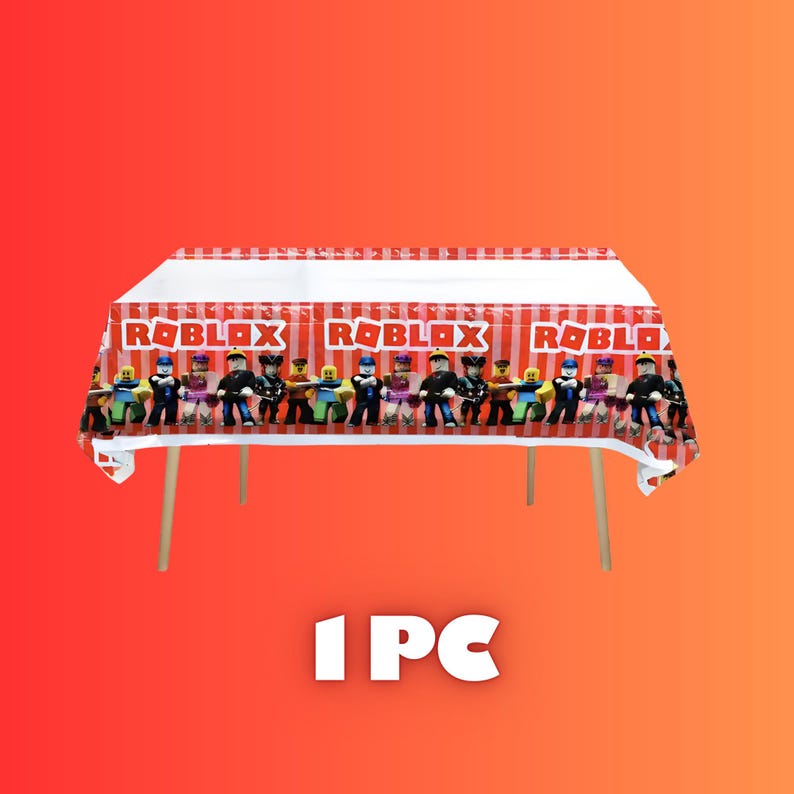 May include: A rectangular red and white striped tablecloth with the word "ROBLOX" printed across the top. The tablecloth features cartoon characters along the bottom edge. The text "1 PC" is printed in white.