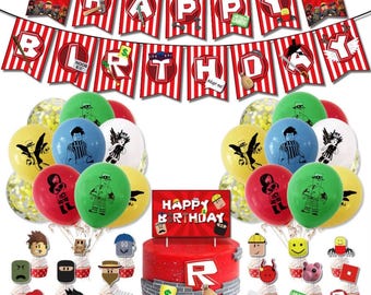 Gaming Roblox Inspired Birthday Decoration Set – Banner, 20 Balloons, Cupcake Toppers & Cake Topper