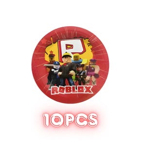 Op de afbeelding: Rode papieren bord met Roblox-personages en logo. Het bord heeft een sterrenpatroon langs de rand en de tekst "10PCS" onderaan. Het Roblox-logo is een grote witte "R" in een gele en rode vorm.