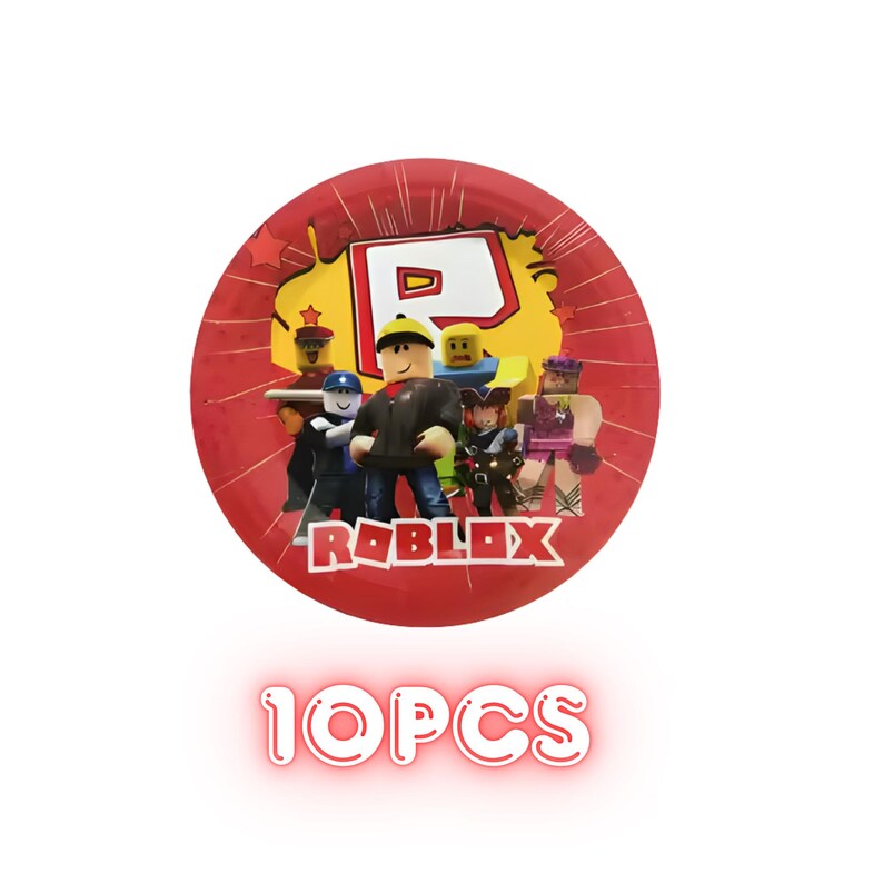 Op de afbeelding: Rode papieren bord met Roblox-personages en logo. Het bord heeft een sterrenpatroon langs de rand en de tekst "10PCS" onderaan. Het Roblox-logo is een grote witte "R" in een gele en rode vorm.