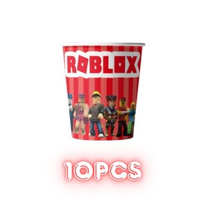 Op de afbeelding: Een rood-wit gestreepte papieren beker met het Roblox-logo en karakterillustraties. De beker heeft de tekst "10PCS" in een gloeiend rood lettertype aan de onderkant. De beker is ontworpen voor feestjes.
