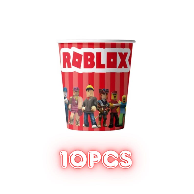 Op de afbeelding: Een rood-wit gestreepte papieren beker met het Roblox-logo en karakterillustraties. De beker heeft de tekst "10PCS" in een gloeiend rood lettertype aan de onderkant. De beker is ontworpen voor feestjes.