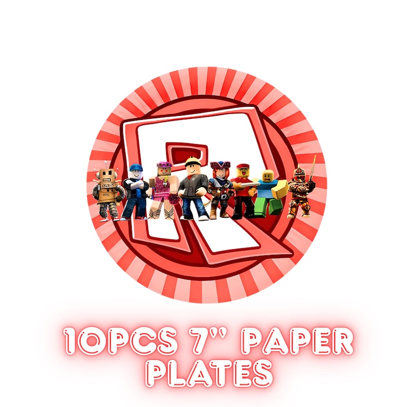 Op de afbeelding: Een ronde papieren bord met een rood-witte gestreepte rand en een groot rood logo met een wit centrum. Verschillende karakterfiguren zijn rond het logo geplaatst. De tekst "10PCS 7" PAPER PLATES" wordt hieronder weergegeven.
