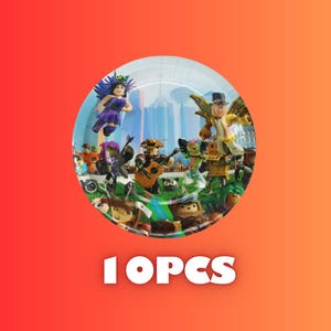 May include: A round paper plate featuring a colorful illustration of cartoon characters playing musical instruments in front of a cityscape. The plate has a red and orange gradient background with the text "10 PCS" in white.