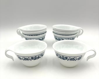 Set Of 8 Corelle Blue Onion Hook Handle Cups White Floral Design Vintage