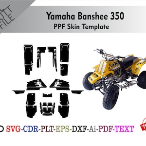 Könnte beinhalten: Ein gelbes Yamaha Banshee 350 ATV mit schwarzen Reifen und einem schwarz-weißen Sitz. Das Bild enthält auch eine schwarze PPF-Skin-Vorlage und den Text "Yamaha Banshee 350 PPF Skin Template".