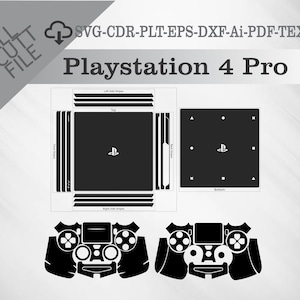 Puede incluir: Calcomanía de piel para consola Playstation 4 Pro en blanco y negro con el logotipo de Playstation y calcomanías de piel para el mando. SVG-CDR-PLT-EPS-DXF-Ai-PDF-TEXT.