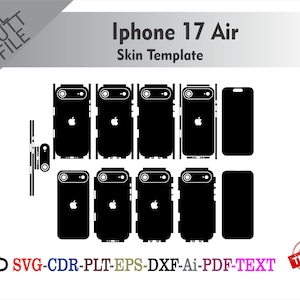 May include: Black iPhone 17 Air skin template with multiple phone outlines, including back and side views. The design includes the Apple logo and camera details. The text "Iphone 17 Air Skin Template" is at the top.