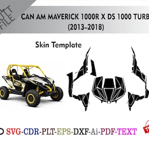 Può includere: Immagine di un veicolo side-by-side Can Am Maverick 1000R X DS 1000 Turbo (2013-2018). L'immagine include un design del modello di skin e opzioni di formato file. Il veicolo è nero, bianco e giallo.