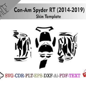 Może przedstawiać: Czarno-biały szablon skóry dla Can-Am Spyder RT (2014-2019). Obraz zawiera tekst "ALL CUT FILE" i "Skin Template". Na dole obrazu znajduje się tekst "SVG-CDR-PLT-EPS-DXF-Ai-PDF-TEXT" oraz pieczątka "TESTED".