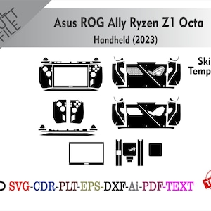 Könnte beinhalten: Schwarze Skin-Vorlage für das tragbare Gaming-Gerät Asus ROG Ally Ryzen Z1 Octa. Die Vorlage enthält Aussparungen für die verschiedenen Komponenten des Geräts, wie z. B. den Bildschirm, die Tasten und die Rückseite. Der Text "Asus ROG Ally Ryzen Z1 Octa Handheld (2023)" ist ebenfalls enthalten.
